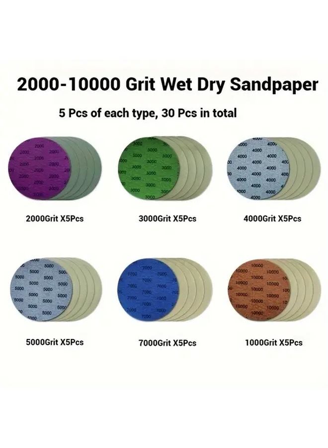 5 Inch Wet Dry Sandpaper Discs 30 Pack Assorted Grits 2000 10000 Aluminum Oxide Abrasive - Image 3