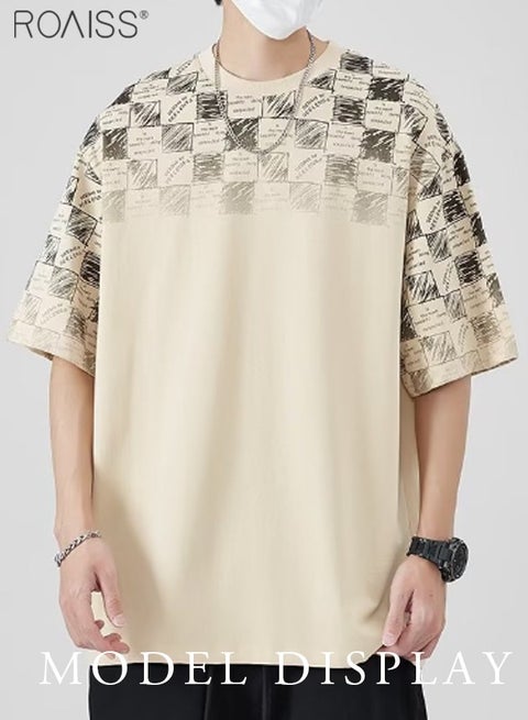 Men Summer T-shirt, Checked Printed Tops for Men, Short Sleeve Round Neck T shirt, Comfortable Breathable Tees, Suitable for Daily Wear or Any Occasion Beige