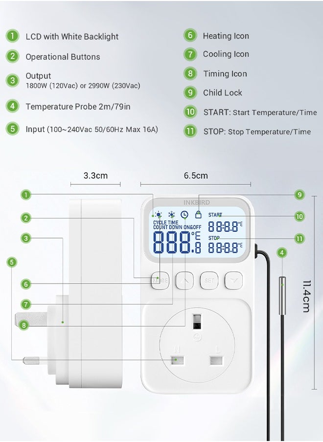 INKBIRD Plug-in Timer Thermostat C226T, Programmable Heating and Cooling Temperature Controller with Timing Control, High Low Temperature Alarm, Refrigeration Delay, Memory Function