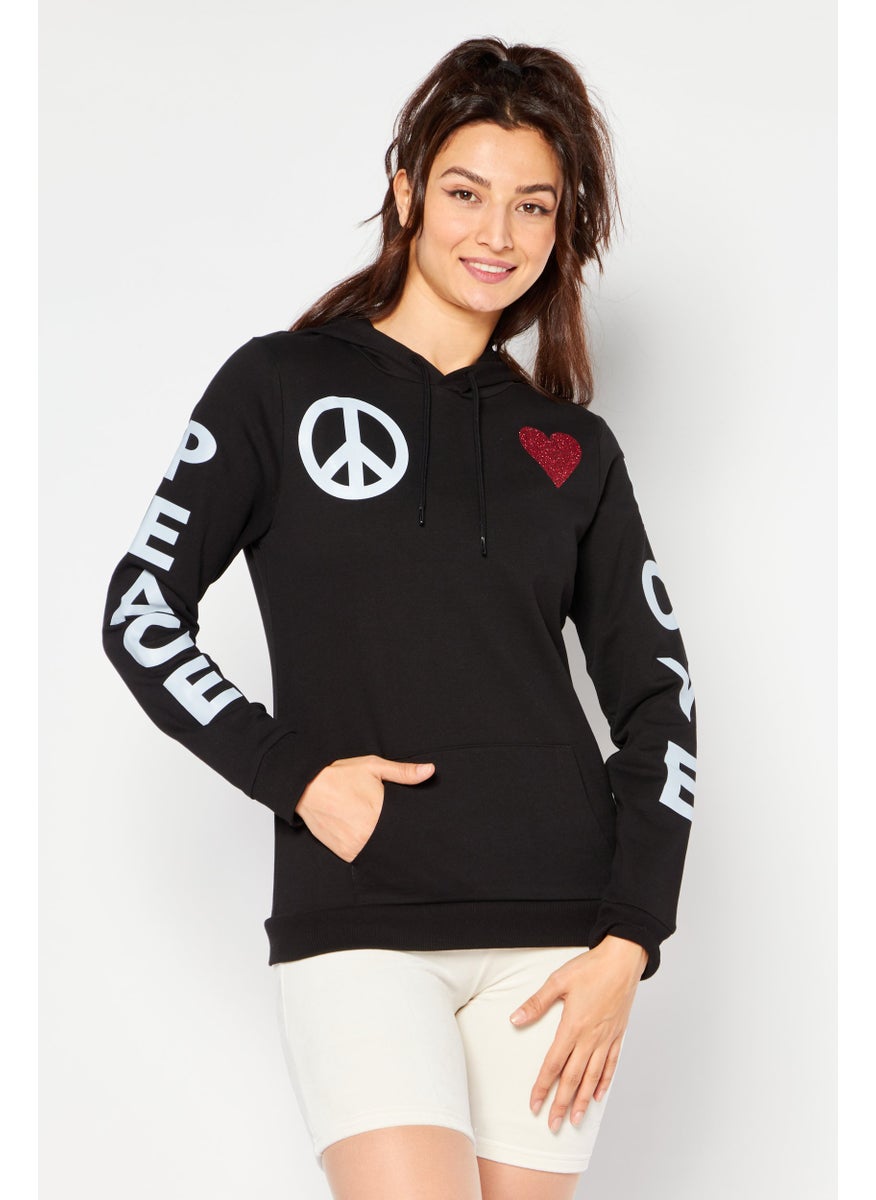 Love Moschino - Women Hooded Neck Graphic Sweatshirt, Black - Image 1