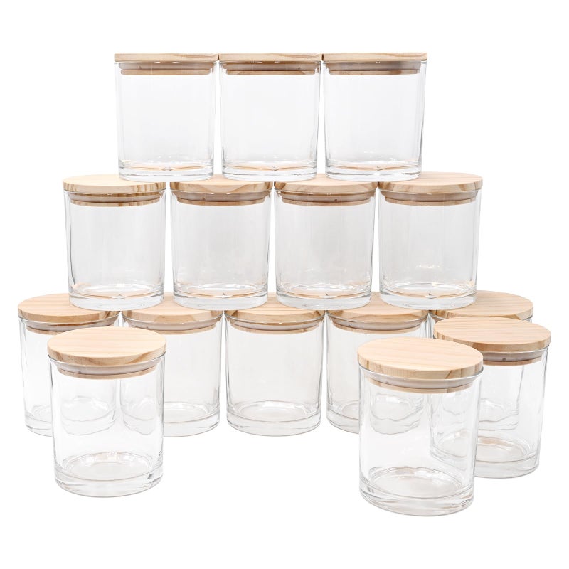 SHOWIN 10 OZ Thick Candle Jars for Making Candles 15 Pcs, Empty Jars with Wood Lids for Candle Making, Sample Container, Clear - Image 1
