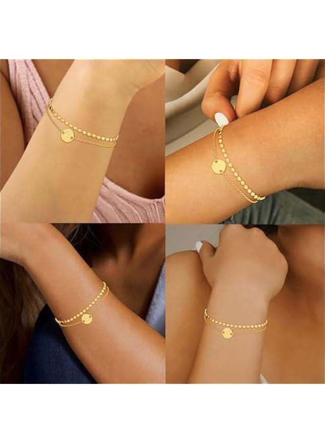 Gold Initial Bracelets for Women 14K Gold Plated Layered Coin Letter Initial Bracelet Gold Bracelets Charm Bracelet for Women Valentines Day Gifts for her Girlfriend Wife - Image 2