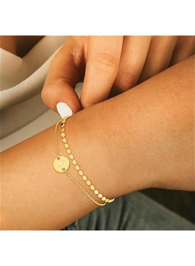 Gold Initial Bracelets for Women 14K Gold Plated Layered Coin Letter Initial Bracelet Gold Bracelets Charm Bracelet for Women Valentines Day Gifts for her Girlfriend Wife - Image 3
