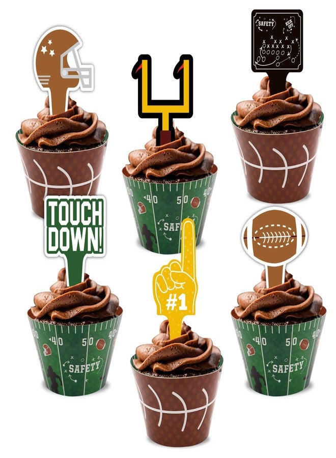 Marwey 48Pcs Football Cupcake Toppers and Wrappers Set Football Theme Birthday Rugby Ball Sports Game Day Sunday Party Decoration Supplies for Boys Birthday Party - Image 1