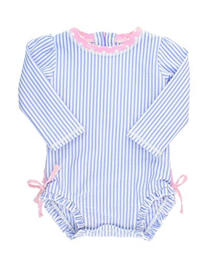 RuffleButts® Baby/Toddler Girls Long Sleeve One Piece Swimsuit - Blue Seersucker with UPF 50+ Sun Protection - 0-3m - Image 2