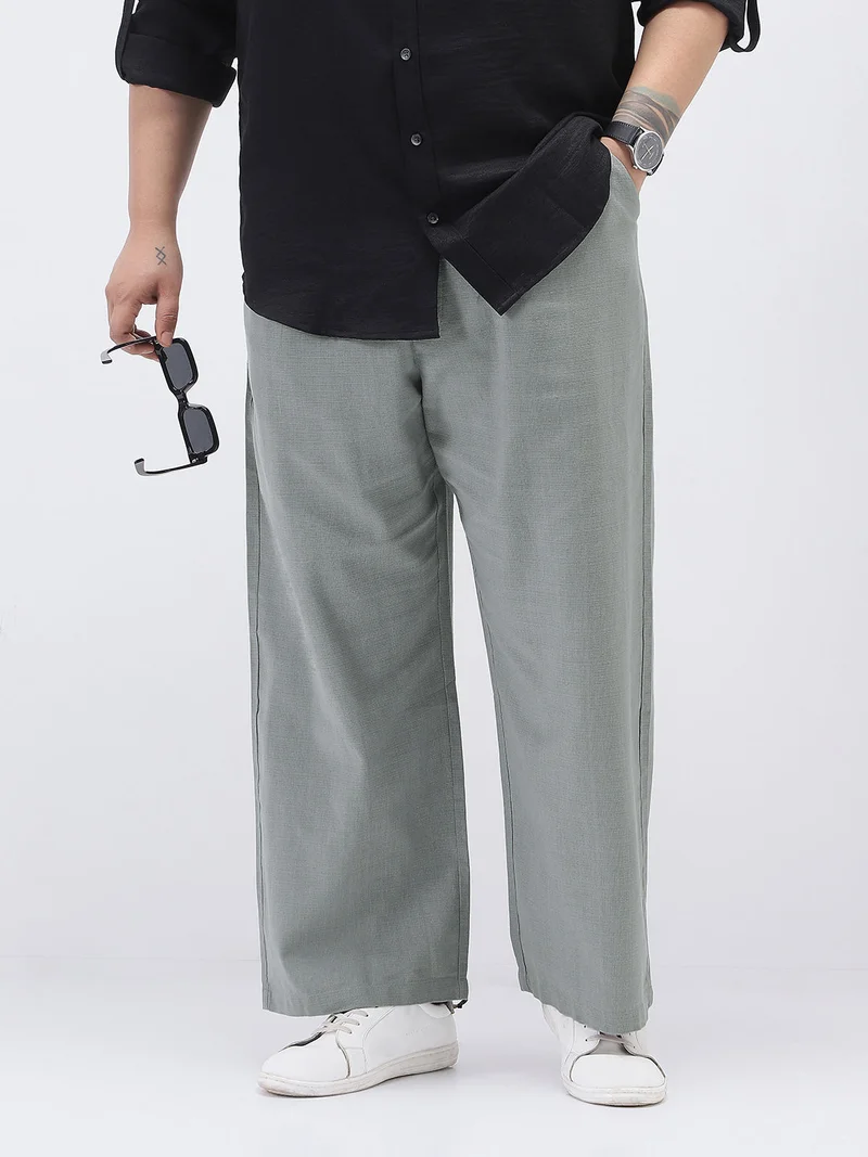 Urbano Plus Men's Grey Loose Fit Solid Linen Blend Trousers Non-Stretchable