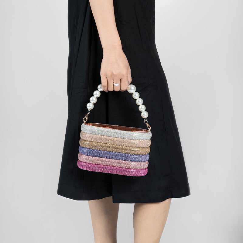 Export Model Diamond-Studded Striped Basket Bag Pearl Handbag Crossbody Bucket Bag - Image 3