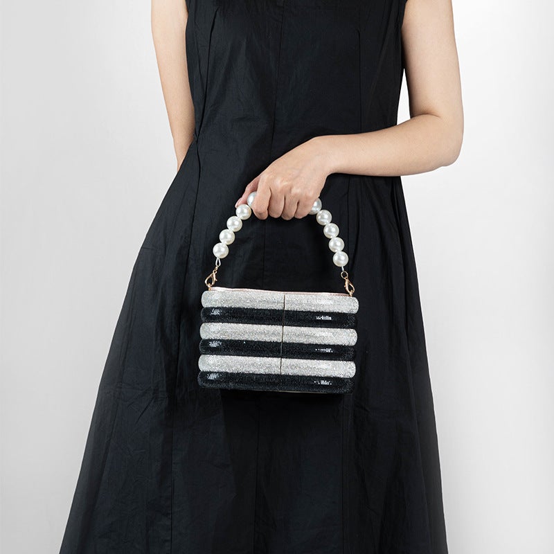 Export Model Diamond-Studded Striped Basket Bag Pearl Handbag Crossbody Bucket Bag - Image 4