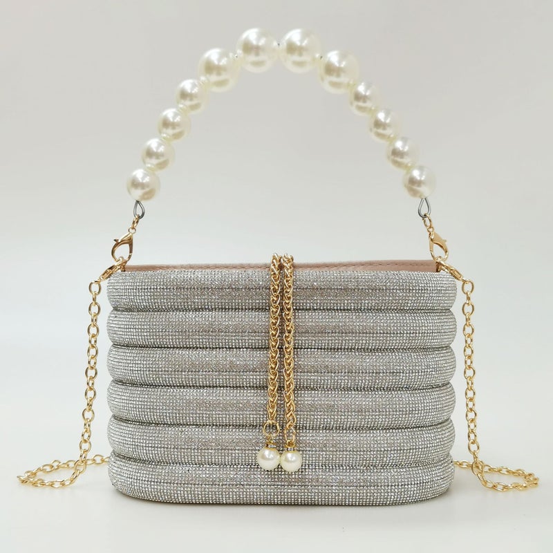 Export Model Diamond-Studded Striped Basket Bag Pearl Handbag Crossbody Bucket Bag - Image 1