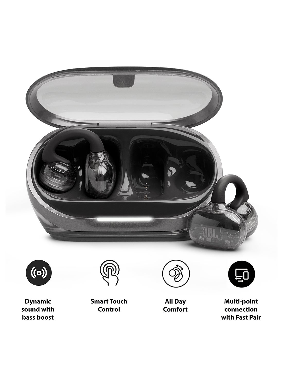 JBL Soundgear Clips True Wireless Open-Ear Headphones, SonicArc Design, Up to 32 Hours Playtime, 4 Beamforming Microphones, IP54 Water and Dust Proof, JBL OpenSound Technology, Ghost Black Ghost Black