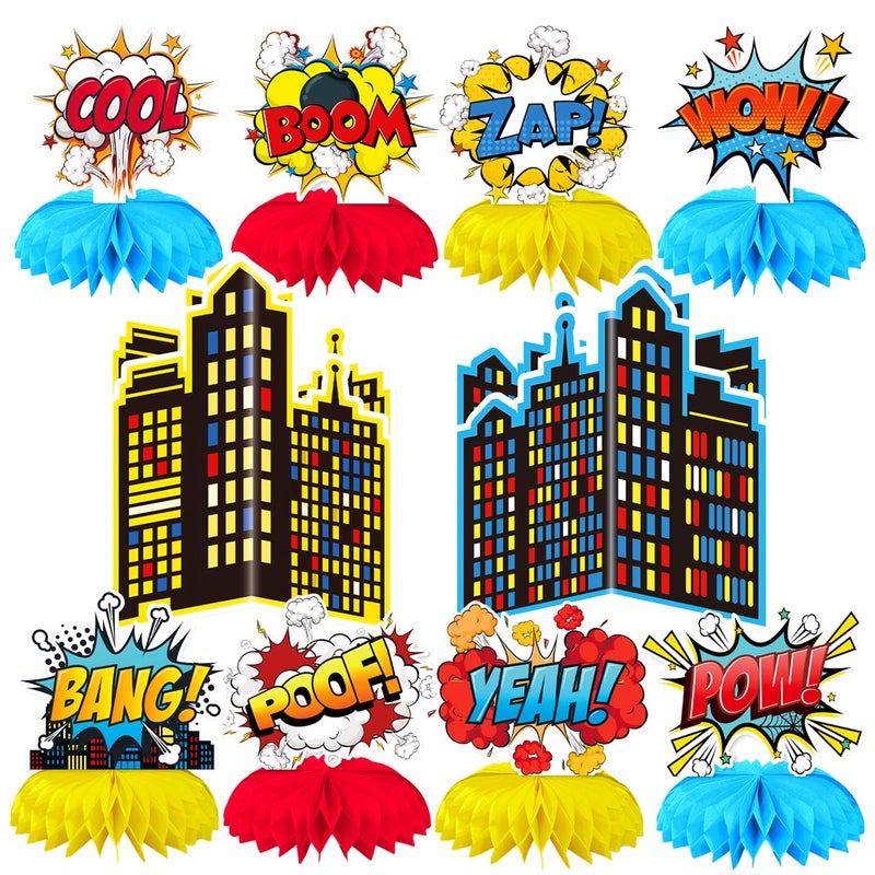 Oiuyamn 10 Pieces Hero Party Decoration, Hero Honeycomb Centerpieces 3D Table Topper Standing Decorations, Hero-Theme Party Supplies for Birthday Shower Decorations - Image 1