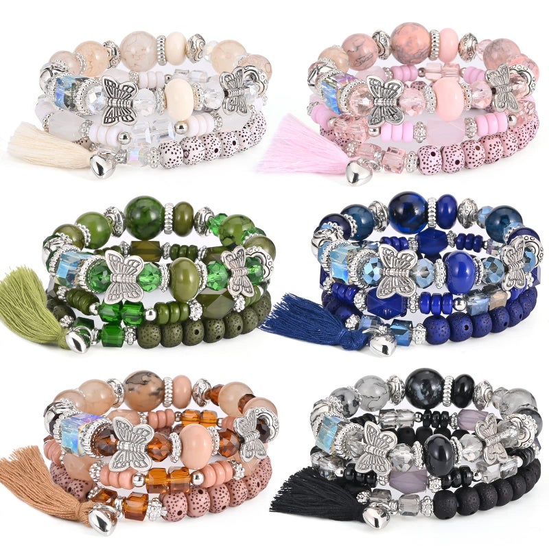 VONRU Bohemian Bracelet Sets for Women - 6 Sets Stackable Stretch Bracelets Multi-color Boho Jewelry for Women Hippie Bracelets Dainty Jewelry Best Friend Gift (Butterfly Stretch Bracelets Set) - Image 1