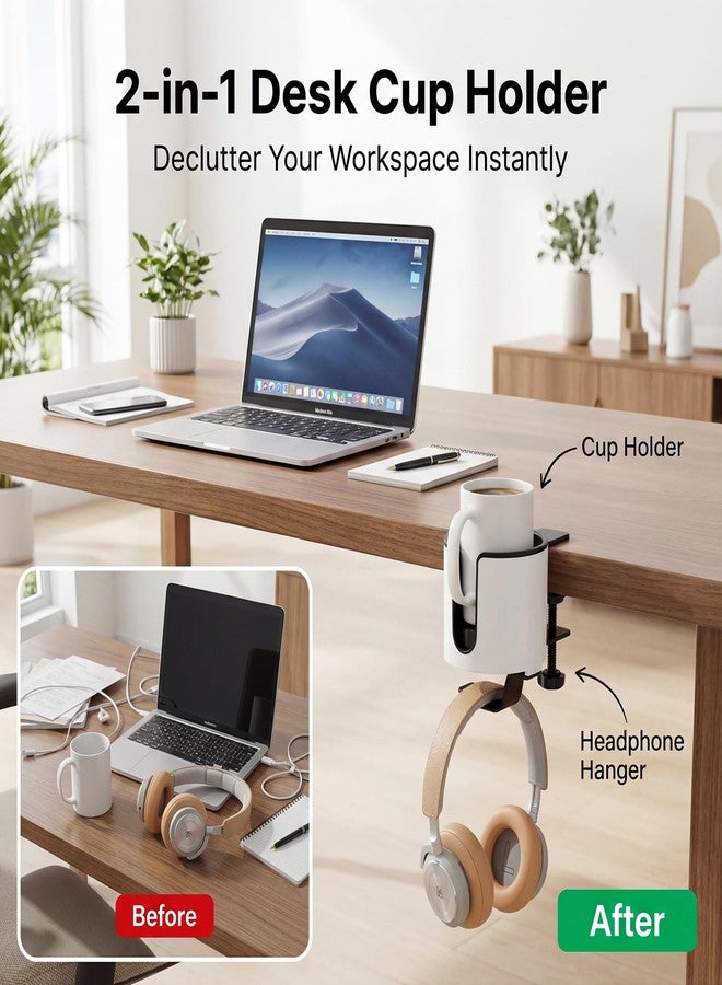 GUNKING Luxury 2-in-1 Anti-Spill Cup Holder with Under Desk Headphone Hanger (White) - Image 4