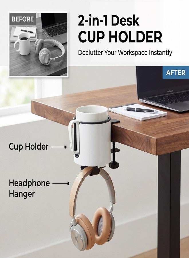 GUNKING Luxury 2-in-1 Anti-Spill Cup Holder with Under Desk Headphone Hanger (White) - Image 2