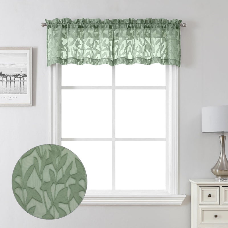 Lecloud Leia 14 Inch Sage Valance for Window Green Sheer Curtains 2 PCS, Jacquard Texture Leaves Semi Voile Living Room Curtain for Small Window, Dual Rod Pockets Bedroom Kitchen Valance, 38W x 14L - Image 1