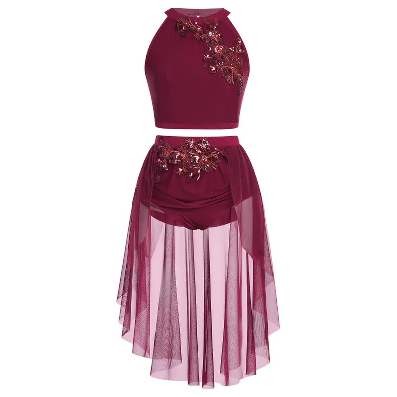 IBAKOM Women Lyrical Dance Costume Halter Flower Crop Top HighLow Skirt with Briefs Adult Contemporary Dance Outfits Red Blue Black Acrobat Competitive Salsa Jazz Leotard Dress Wine Red XSmall - Image 2