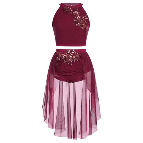 IBAKOM Women Lyrical Dance Costume Halter Flower Crop Top HighLow Skirt with Briefs Adult Contemporary Dance Outfits Red Blue Black Acrobat Competitive Salsa Jazz Leotard Dress Wine Red XSmall - Image 1