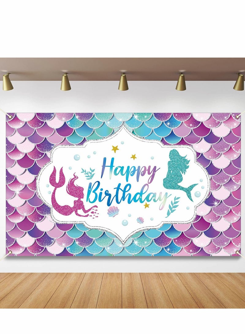 Excefore Mermaid Happy Birthday Backdrop Banner Under The Sea Party for Girl Princess Large Themed backgroud Indoor Outdoor Car Decorations Supplies - Image 1