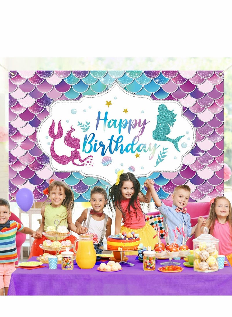 Excefore Mermaid Happy Birthday Backdrop Banner Under The Sea Party for Girl Princess Large Themed backgroud Indoor Outdoor Car Decorations Supplies - Image 3