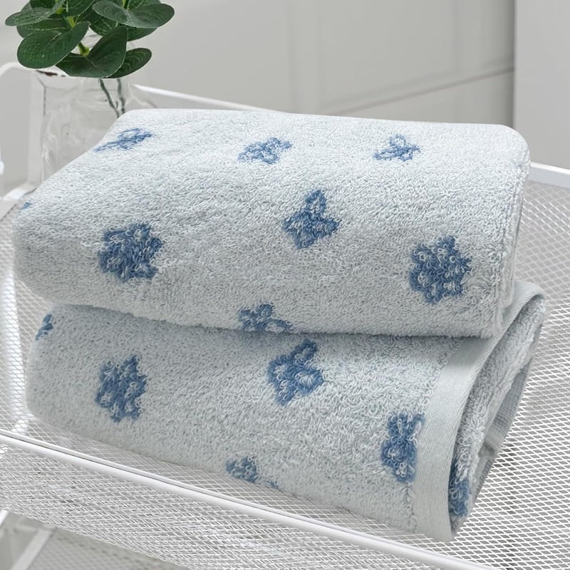 USTIDE Hand Towels for Bathroom 100 Cotton Hand Towels Set Cute Flower Pattern Extra Soft Absorbent 2 Pieces Face Towel Set for Daily Use Blue and White 138 x 295 Inch - Image 1