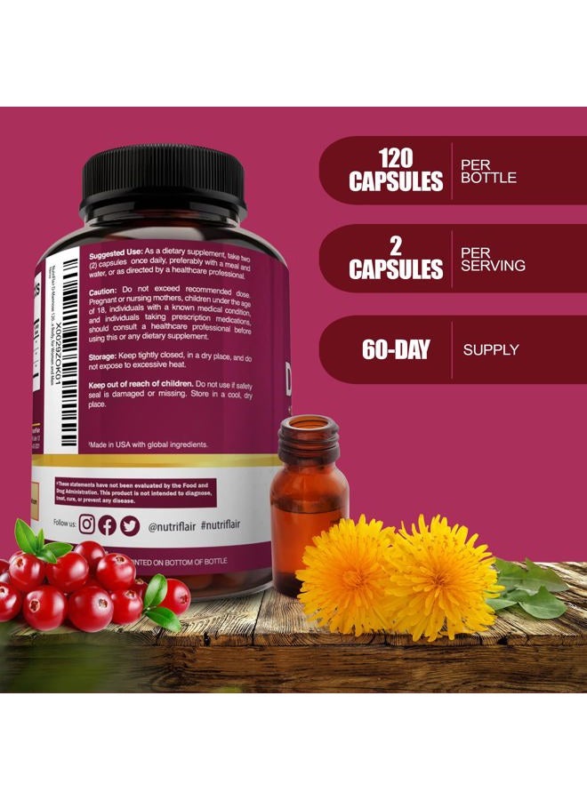 NutriFlair D-Mannose 1200mg, 120 Capsules - with Cranberry and Dandelion Extract - Natural Urinary Tract Health UTI Support - Best D Mannose Powder - Flush Impurities, Detox Body, for Women and Men - Image 2