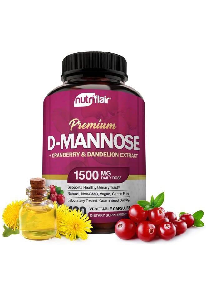NutriFlair D-Mannose 1200mg, 120 Capsules - with Cranberry and Dandelion Extract - Natural Urinary Tract Health UTI Support - Best D Mannose Powder - Flush Impurities, Detox Body, for Women and Men - Image 1