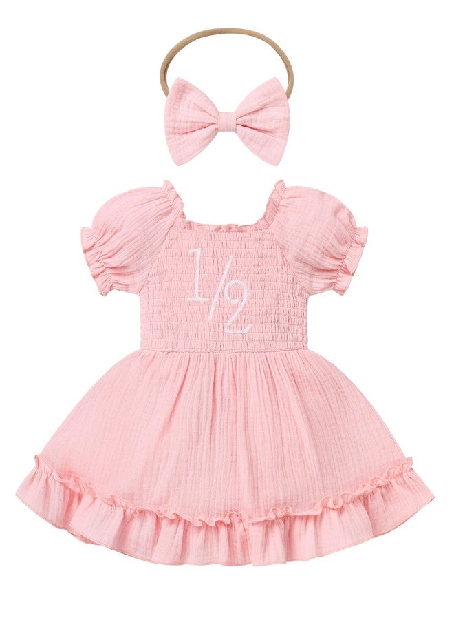 IDOPIP 1/2 Birthday Outfit Girl Baby Smocked Dress Short Sleeve Bubble Romper Headband Toddler Embroidered One Year Old First Half Birthday Cake Smash Photo Shoot Party Dress Pink 1/2 6-9 Months - Image 1