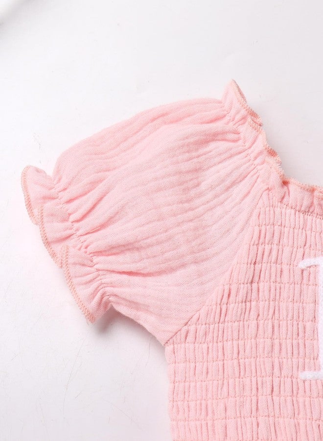 IDOPIP 1/2 Birthday Outfit Girl Baby Smocked Dress Short Sleeve Bubble Romper Headband Toddler Embroidered One Year Old First Half Birthday Cake Smash Photo Shoot Party Dress Pink 1/2 6-9 Months - Image 4