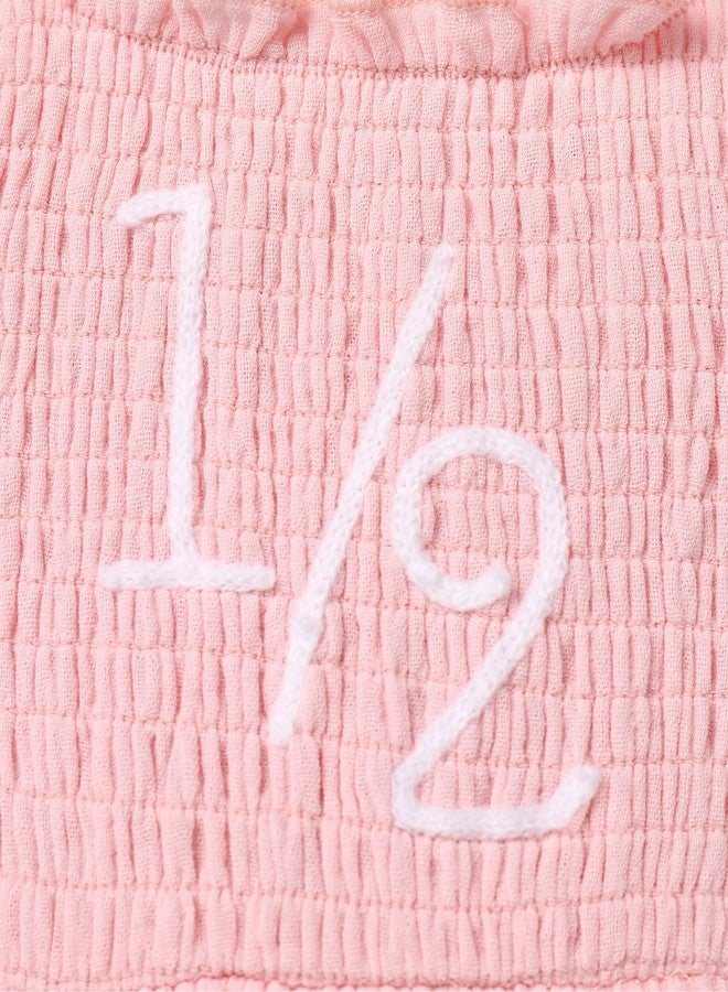 IDOPIP 1/2 Birthday Outfit Girl Baby Smocked Dress Short Sleeve Bubble Romper Headband Toddler Embroidered One Year Old First Half Birthday Cake Smash Photo Shoot Party Dress Pink 1/2 6-9 Months - Image 3