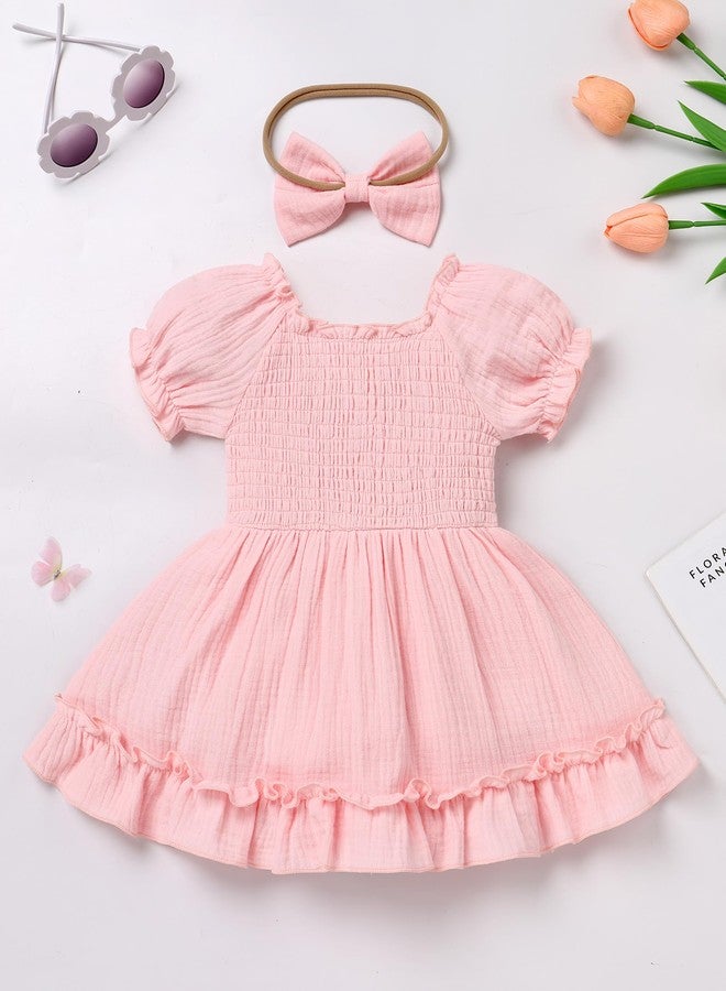 IDOPIP 1/2 Birthday Outfit Girl Baby Smocked Dress Short Sleeve Bubble Romper Headband Toddler Embroidered One Year Old First Half Birthday Cake Smash Photo Shoot Party Dress Pink 1/2 6-9 Months - Image 2