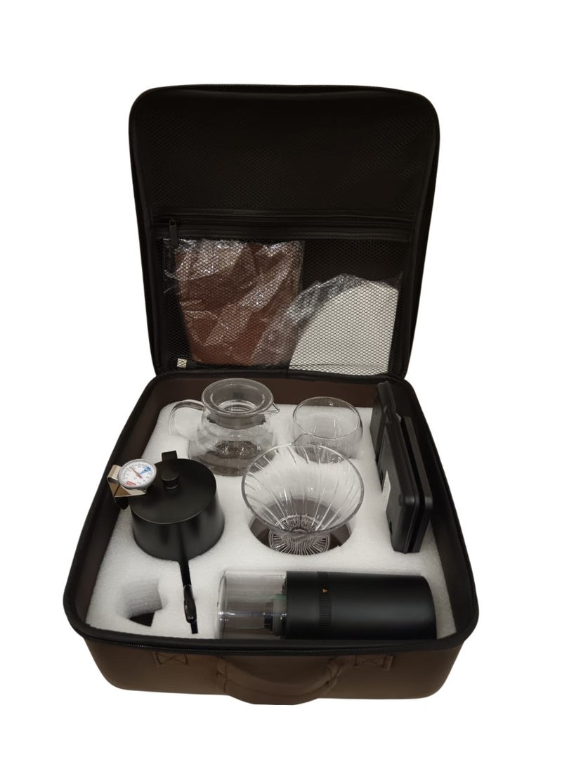 Liying 12Pcs Travel Coffee Set with Goose Neck Kettle, Digital Scale, Double Walled Glass Mug, Glass Server, Electric Grinder, Acrylic Dipper, 100 pcs Paper Filter, towel and Scope for Drip Coffee - Image 1