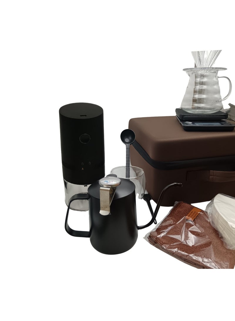 Liying 12Pcs Travel Coffee Set with Goose Neck Kettle, Digital Scale, Double Walled Glass Mug, Glass Server, Electric Grinder, Acrylic Dipper, 100 pcs Paper Filter, towel and Scope for Drip Coffee - Image 2