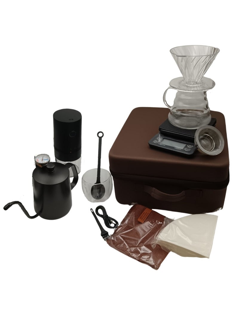 Liying 12Pcs Travel Coffee Set with Goose Neck Kettle, Digital Scale, Double Walled Glass Mug, Glass Server, Electric Grinder, Acrylic Dipper, 100 pcs Paper Filter, towel and Scope for Drip Coffee - Image 3