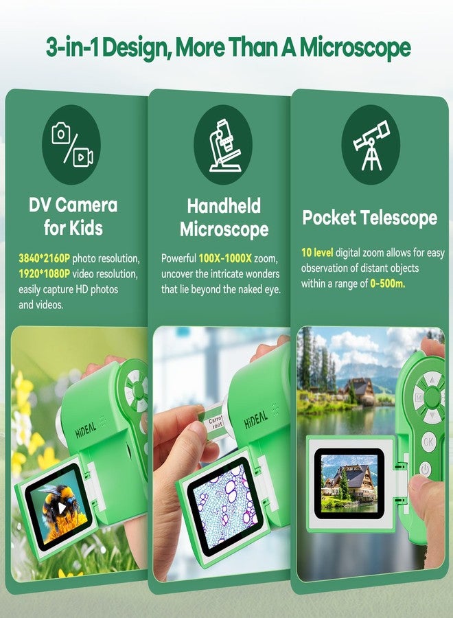 Hideal Microscope for Kids 1000X [3-in-1] [Easy and Fun] HP20 2" 1080P Handheld Digital Microscope, Portable Pocket Microscope Miniscope, 10MP USB Mini Scope for Kids, PC View, 32GB, Green - Image 2