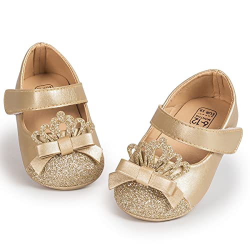 HsdsBebe Infant Baby Girls Mary Jane Flats Bow Non-Slip Soft Sole Princess Toddler First Walkers Sneaker Wedding Dress Shoes(HM1631 Gold,2) - Image 1