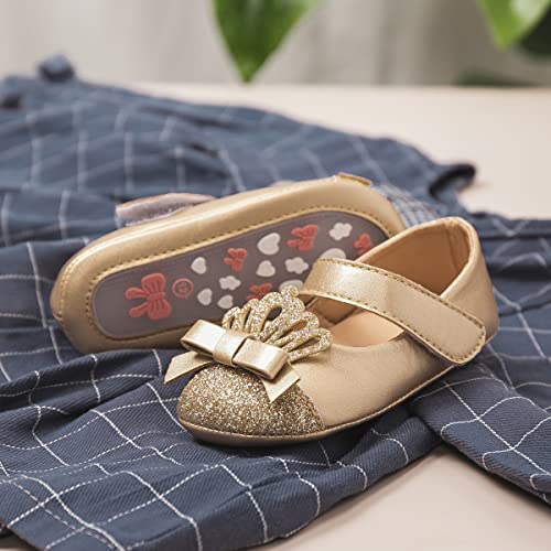 HsdsBebe Infant Baby Girls Mary Jane Flats Bow Non-Slip Soft Sole Princess Toddler First Walkers Sneaker Wedding Dress Shoes(HM1631 Gold,2) - Image 3