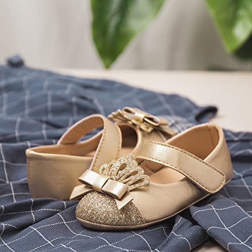 HsdsBebe Infant Baby Girls Mary Jane Flats Bow Non-Slip Soft Sole Princess Toddler First Walkers Sneaker Wedding Dress Shoes(HM1631 Gold,2) - Image 5