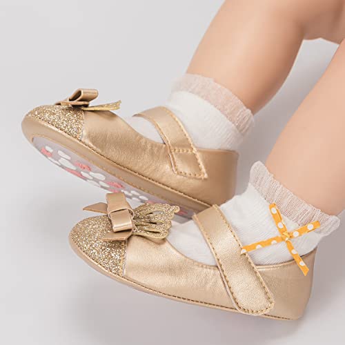 HsdsBebe Infant Baby Girls Mary Jane Flats Bow Non-Slip Soft Sole Princess Toddler First Walkers Sneaker Wedding Dress Shoes(HM1631 Gold,2) - Image 2
