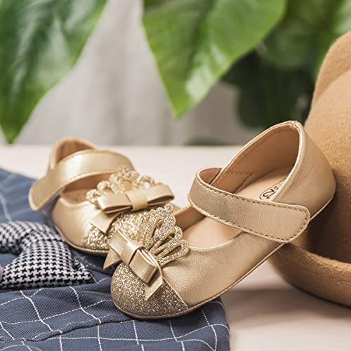 HsdsBebe Infant Baby Girls Mary Jane Flats Bow Non-Slip Soft Sole Princess Toddler First Walkers Sneaker Wedding Dress Shoes(HM1631 Gold,2) - Image 4