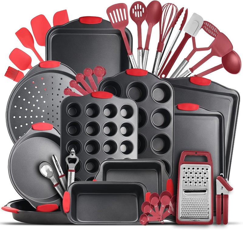 EATEX Nonstick Bakeware Sets with Baking Pans Set, 39 Piece Baking Set with Muffin Pan, Cake Pan & Cookie Sheets for Baking Nonstick Set, Steel Baking Sheets for Oven with Red Kitchen Utensils Set - Image 1