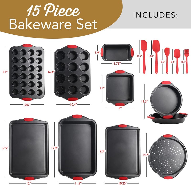 EATEX Nonstick Bakeware Sets with Baking Pans Set, 39 Piece Baking Set with Muffin Pan, Cake Pan & Cookie Sheets for Baking Nonstick Set, Steel Baking Sheets for Oven with Red Kitchen Utensils Set - Image 2
