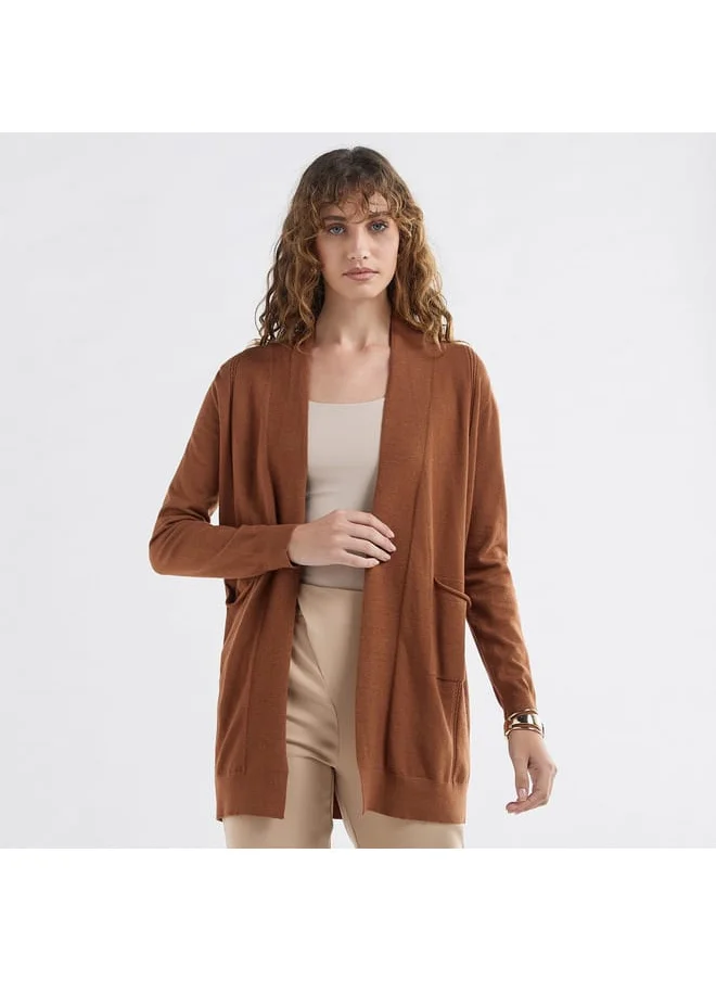 FAV Textured Open Front Cardigan with Long Sleeves