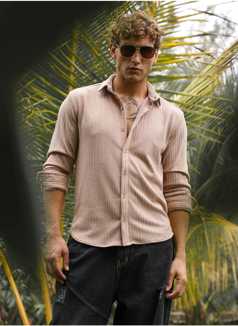 كامبوس سوترا Men's Saltbox Beige Ribbed-Rope Tactile Shirt For Casual Wear | Spread Collar | Long Cuffed Sleeves | Button Closure | Shirt Crafted With Comfort Fit For Everyday Wear