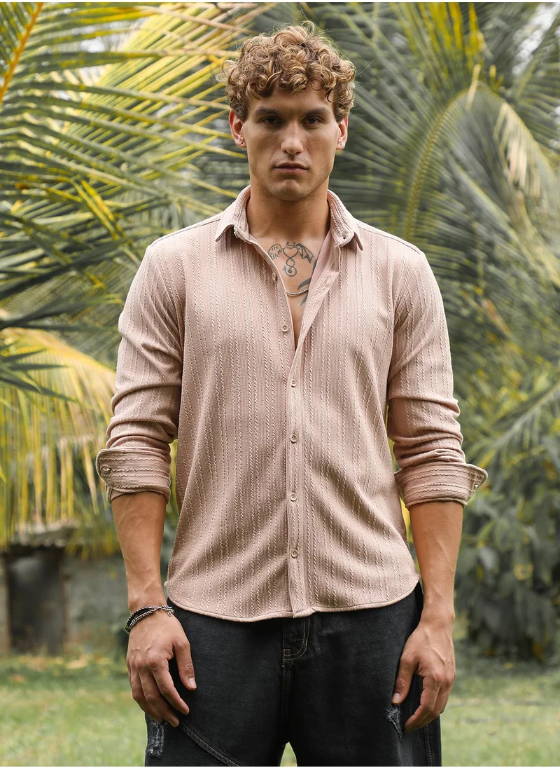 كامبوس سوترا Men's Saltbox Beige Ribbed-Rope Tactile Shirt For Casual Wear | Spread Collar | Long Cuffed Sleeves | Button Closure | Shirt Crafted With Comfort Fit For Everyday Wear