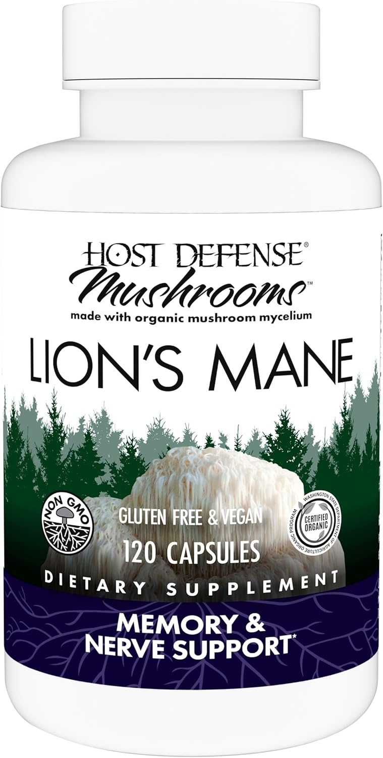 Host Defense مكمل فطر هوست ديفينس - فطر الأسد (لايونز مين) لكبسولات دعم صحة الدماغ - دعم الفطر للتركيز - وظيفة الذاكرة - الجهاز المناعي - الجهاز العصبي - 120 كبسولة 60 حصة - Image 1