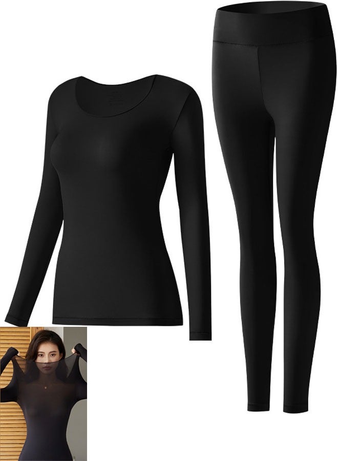 VUCATIN طقم ملابس داخلية حرارية سميكة للنساء، طقم ملابس داخلية حرارية طويلة ذاتية التسخين للسيدات، طبقة أساسية ناعمة ممتازة من حمض الهيالورونيك لإغلاق الماء، الجزء العلوي والسفلي للمشي لمسافات طويلة (أسود) - Image 1