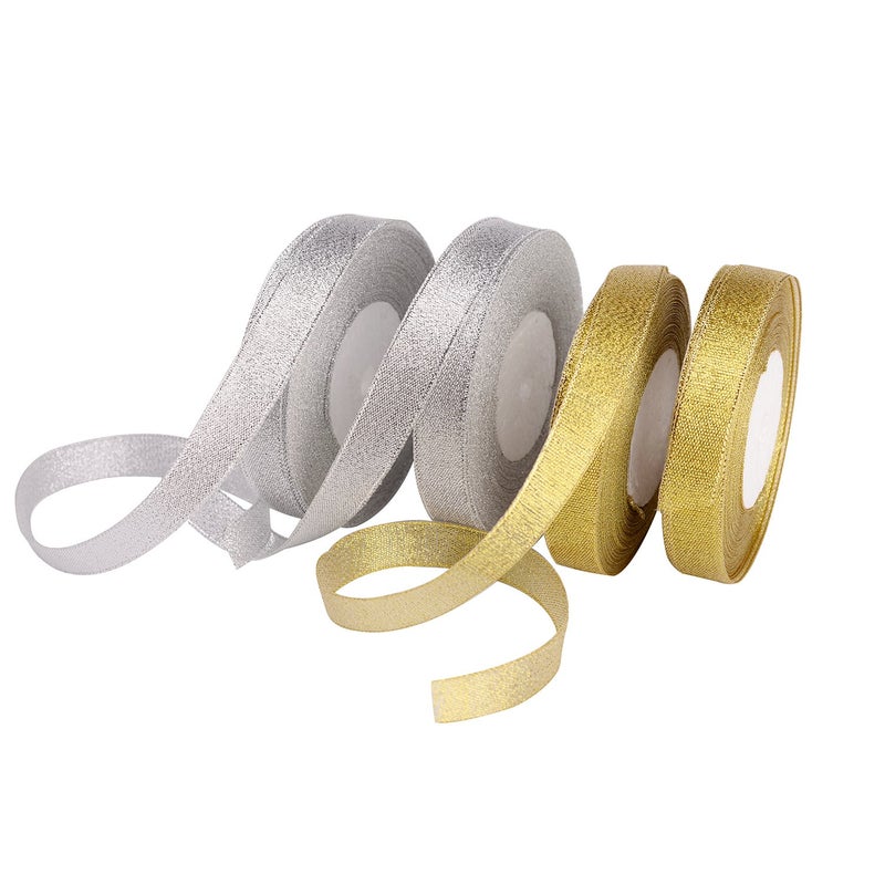 Feyarl DIY Crafts Glitter Metallic Ribbon 5/8-inch Wide Sparkly Fabric Ribbon for Gift Crafters Sewing Brithday (Design # No 1, Hair Bows Floral Projects (Gold & Silver)) - Image 1