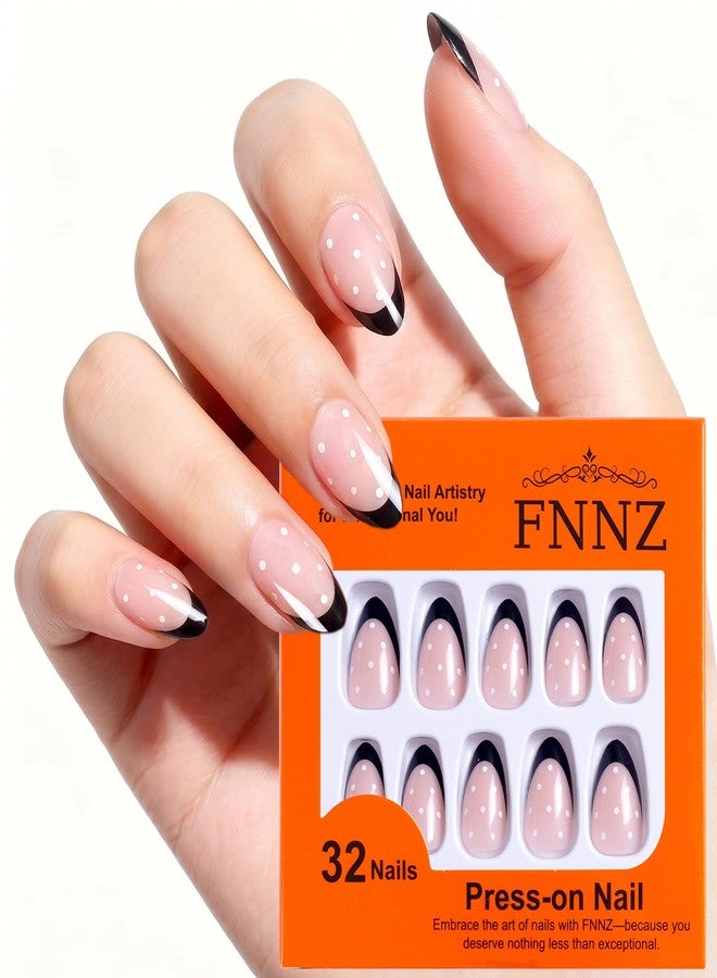 FNNZ Press On Nails, Black French Tip Short Almond Press On Nails, Short Almond Nail Tips False Nails with Glue and Adhesive Tabs for Women, Press On French Nails in 16 Sizes - 32 Stick On Nails Kit - Image 1