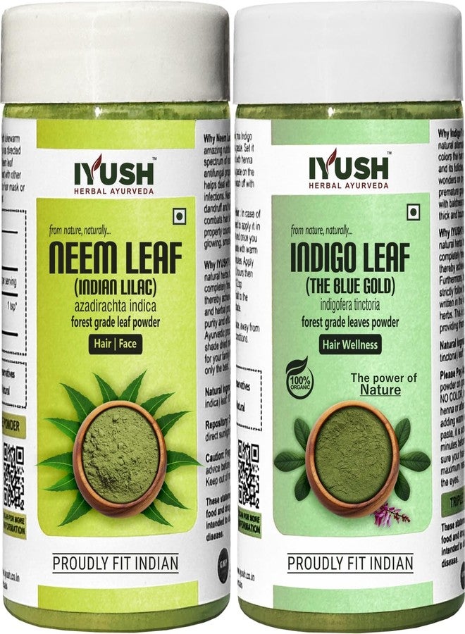 IYUSH Herbal Ayurveda Neem Powder for Face Pack and Indigo Powder Organic for Hair Color - 500gm | Hair Mask for Dry and Frizzy Hair | Hair Volume Powder | Skin Care & Hair Care | 250gm each - Image 1