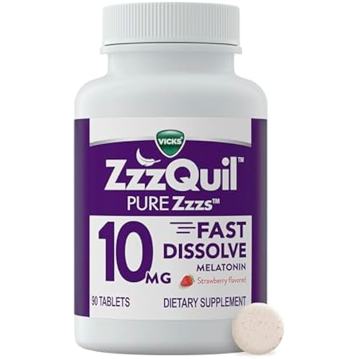 ZzzQuil Pure Zzzs ميلاتونين سريع الذوبان، ميلاتونين 10mg، مكمل مساعد للنوم، مساعدات النوم للبالغين، بنكهة الفراولة، 90 قرص ميلاتونين سريع الذوبان - Image 1